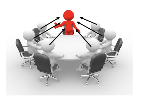 Illustration of interpersonal judgments and relationships among people working around a table.